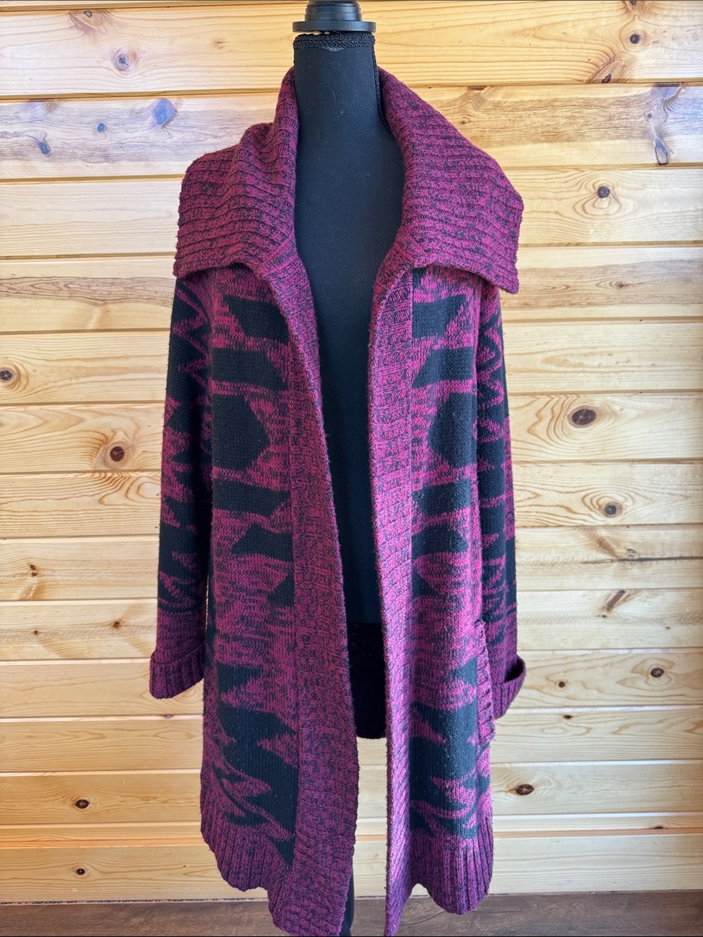 Express Open-Front Burgundy and Black Patterned Cardigan